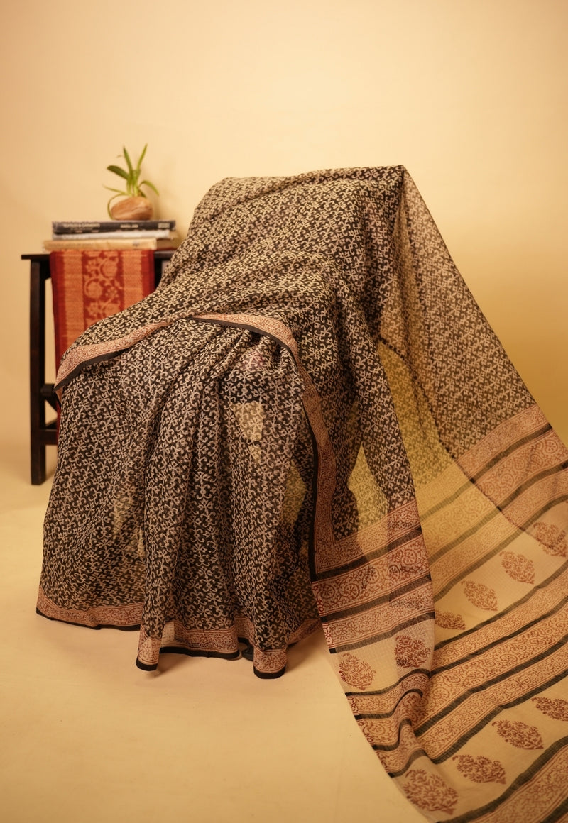 Black Butti Bagru Hand Block Print  Kota Doria Saree