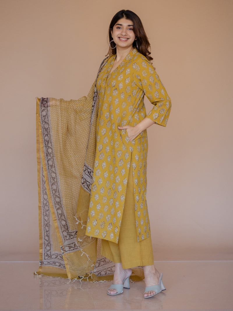 Yellow Butti Bagru Kota Doria Cotton Dupatta