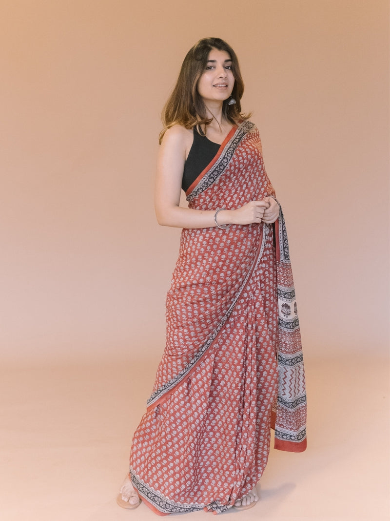 Red Butti Bagru Hand Block Print Modal Saree