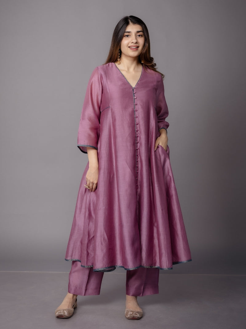 Deepa Purple Solid Chanderi Silk Kali Kurta with Hand Embroidery
