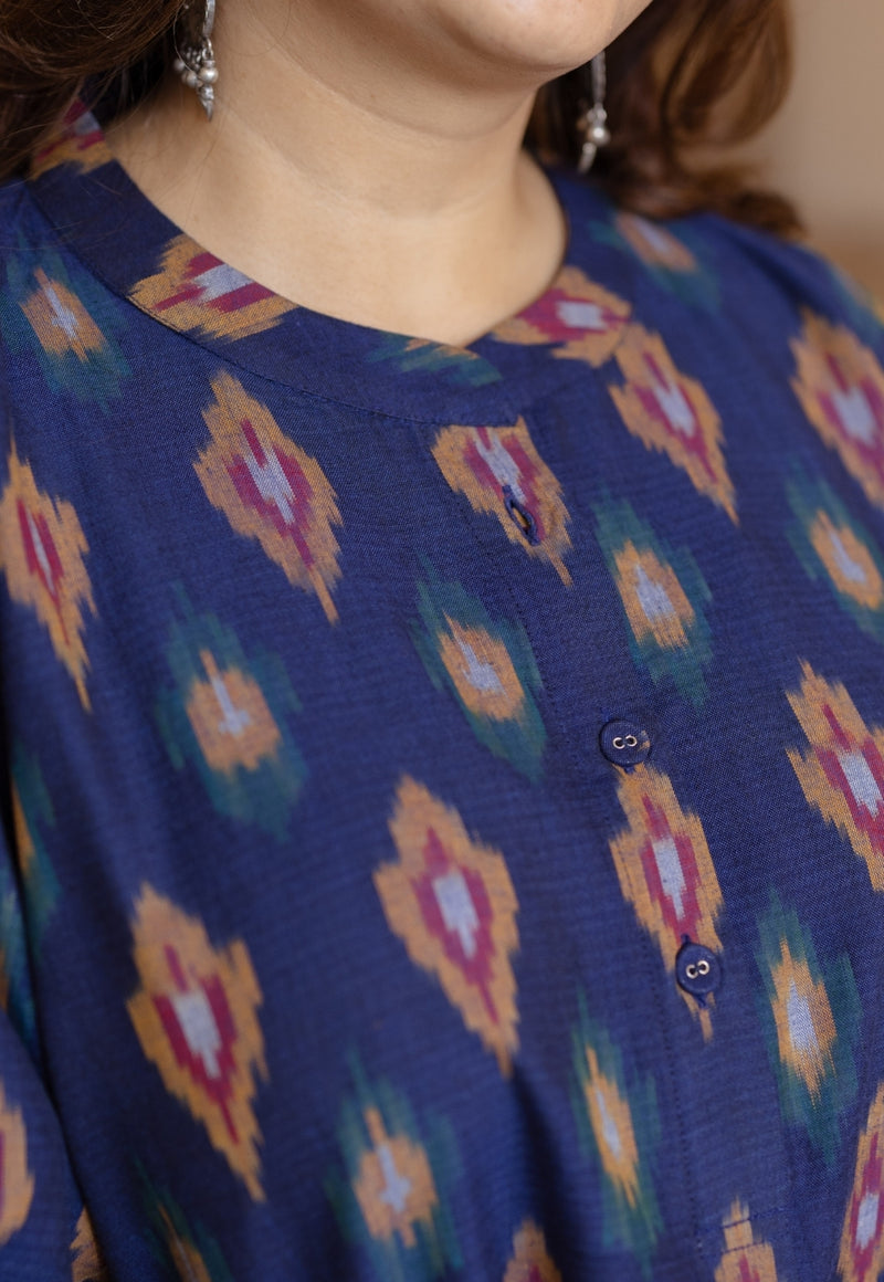 Ayaat Blue Handloom Ikkat Cotton Straight Kurta