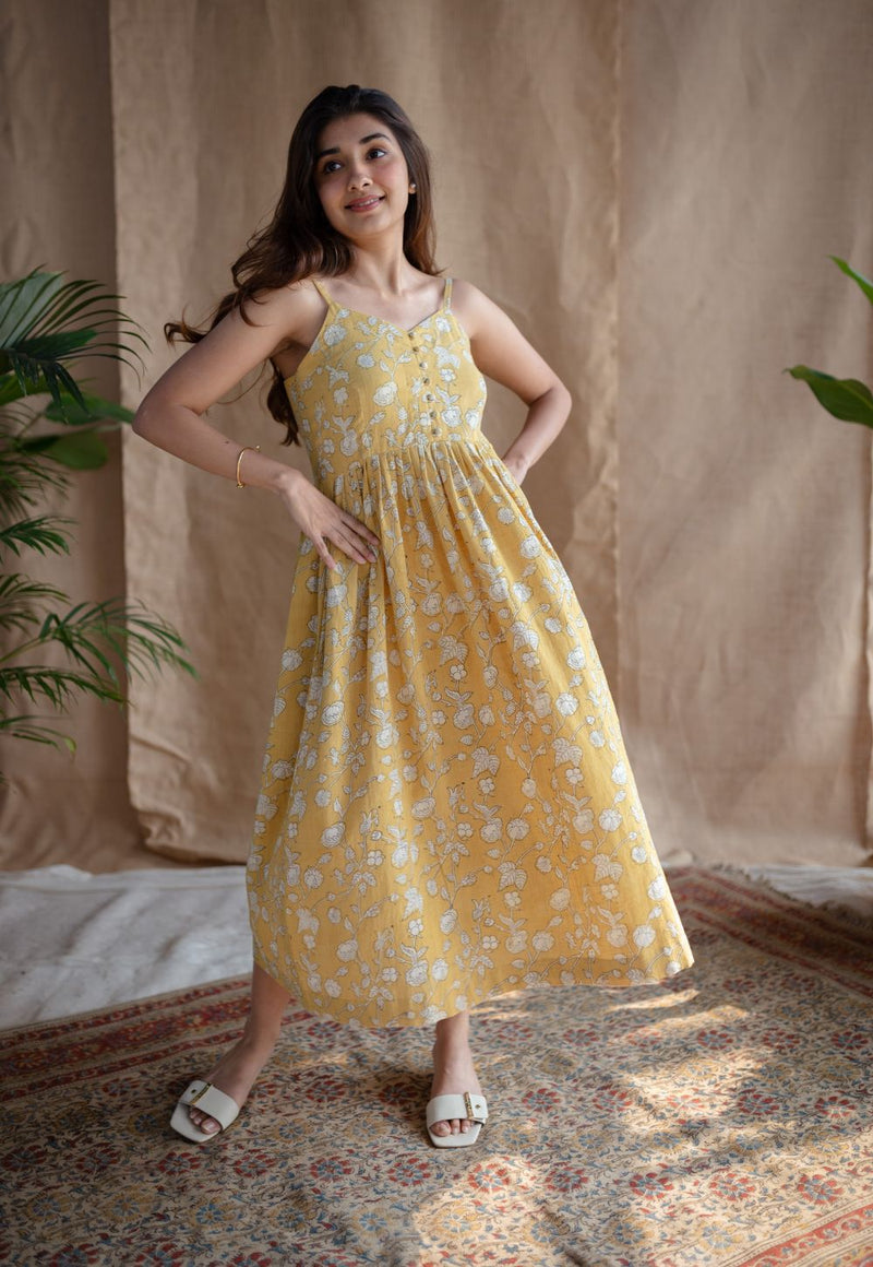 Eliya Yellow A Line Dabu Slub Cotton Dress