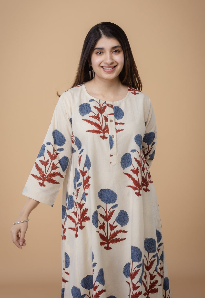 Alizah White Ajrakh Cotton Jhabba Kali Co-Ord Set