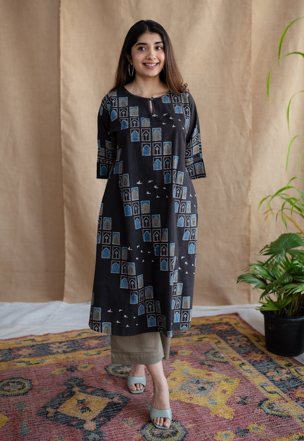 Jaipur Jharoka Charcoal Ajrakh Cotton A Line Kurta with Hand Embroidery