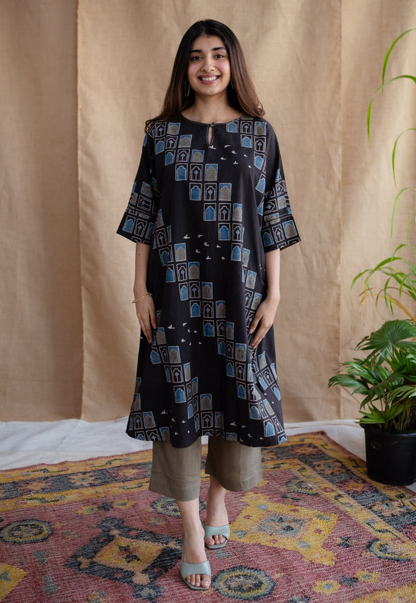 Jaipur Jharoka Charcoal Ajrakh Cotton A Line Kurta with Hand Embroidery