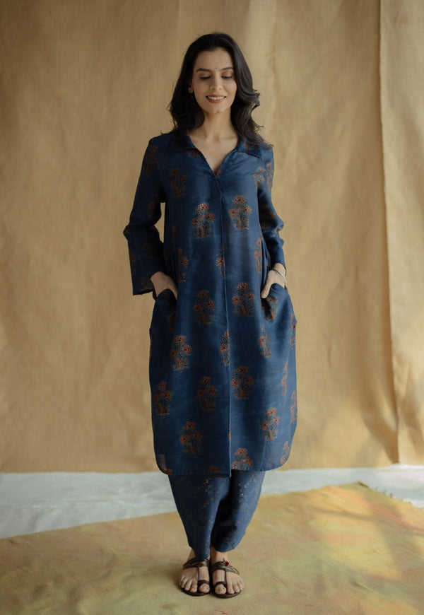 Zafreen Dark Indigo Ajrakh Chanderi Silk A Line Kurta with Hand Embroidery