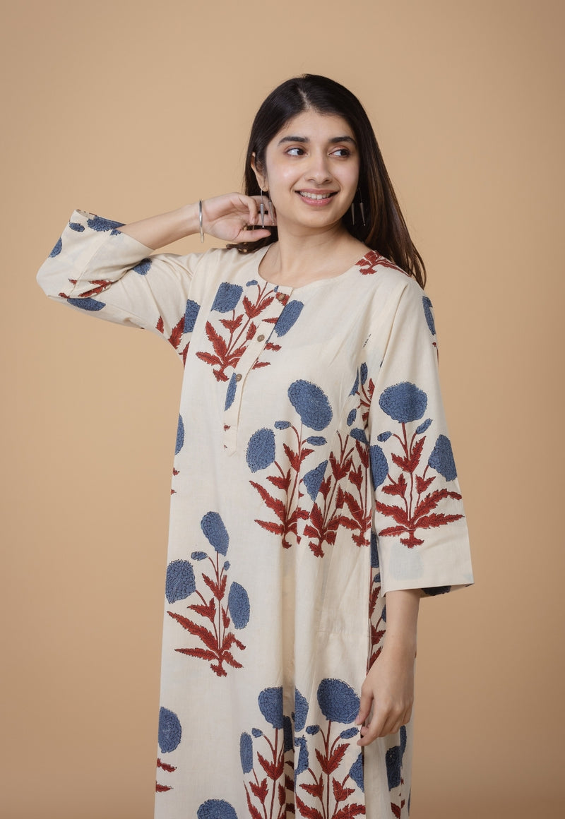 Alizah White Ajrakh Cotton Jhabba Kali Co-Ord Set