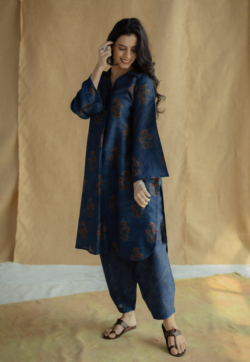 Zafreen Dark Indigo Ajrakh Chanderi Silk A Line Kurta with Hand Embroidery