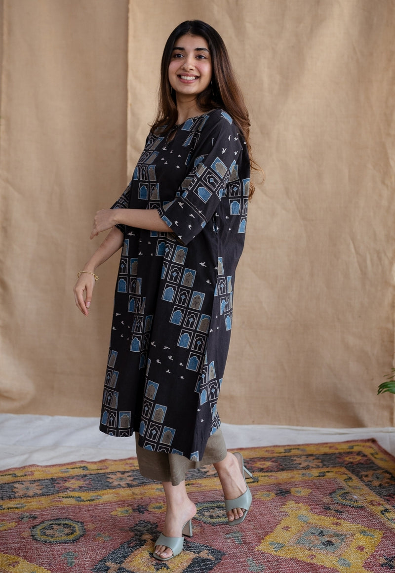 Jaipur Jharoka Charcoal Ajrakh Cotton A Line Kurta with Hand Embroidery