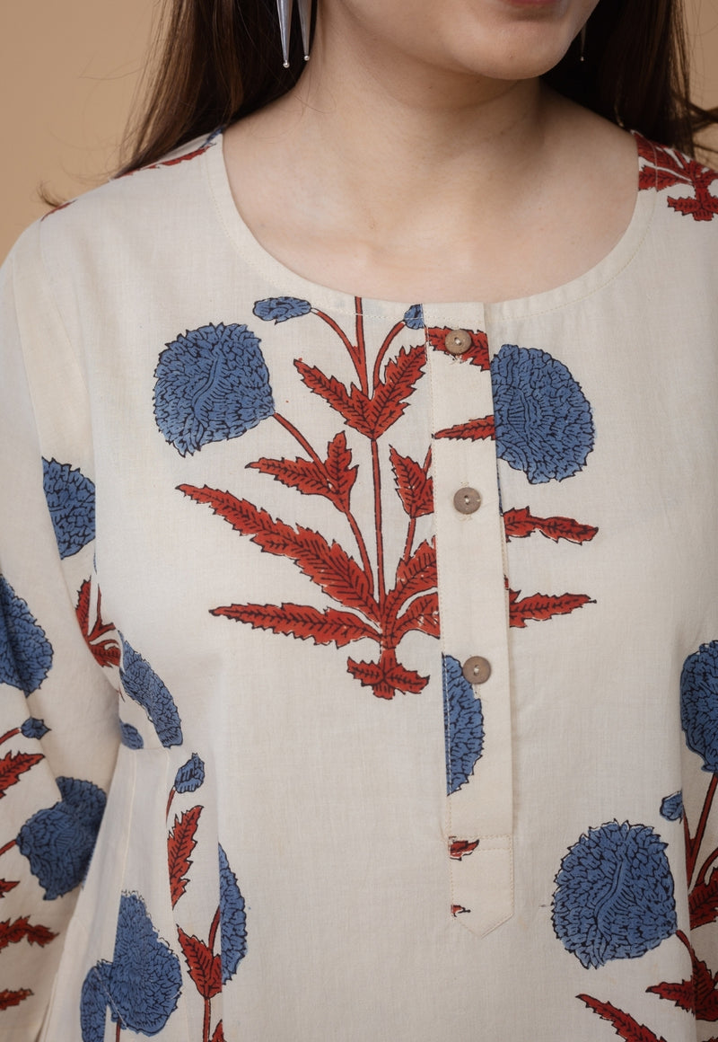 Alizah White Ajrakh Cotton Jhabba Kali Co-Ord Set