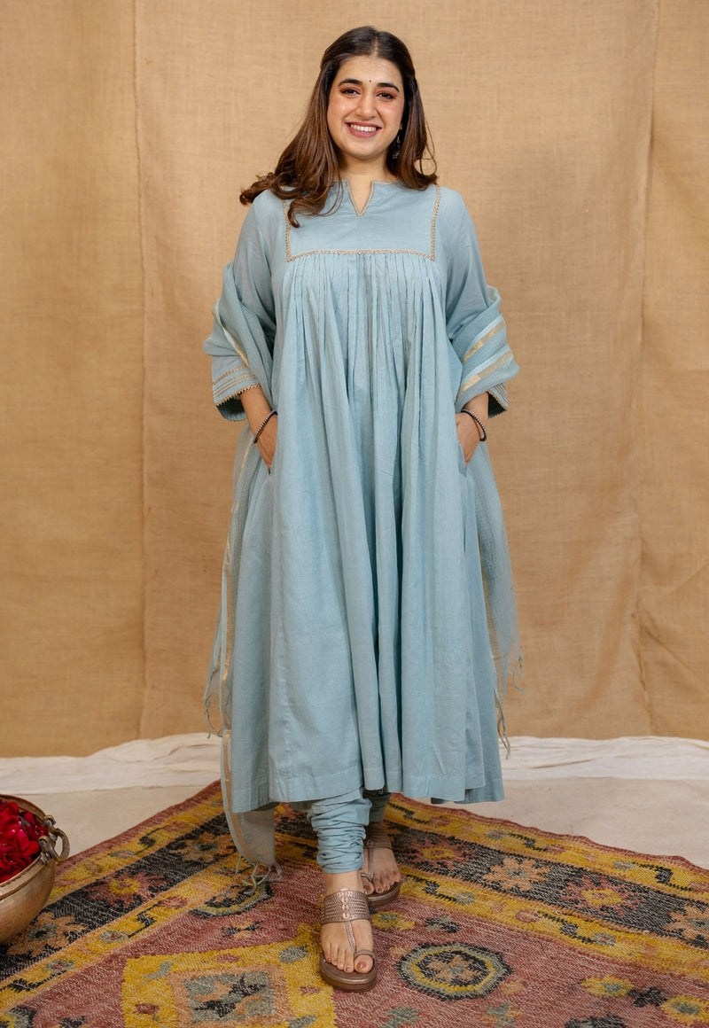 Iriya Mulmul Cotton Alice Blue Kurta Set (Set of 3)