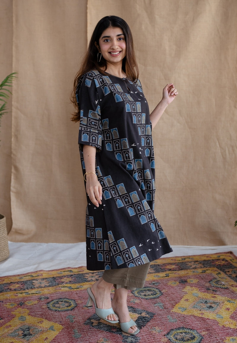 Jaipur Jharoka Charcoal Ajrakh Cotton A Line Kurta with Hand Embroidery