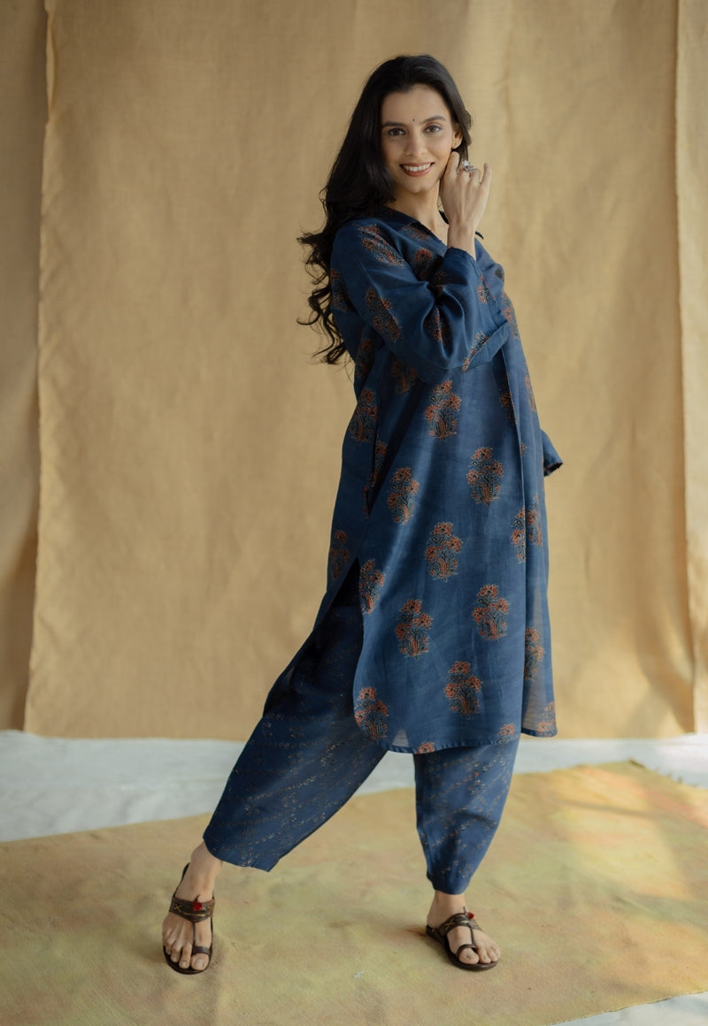 Zafreen Dark Indigo Ajrakh Chanderi Silk A Line Kurta with Hand Embroidery