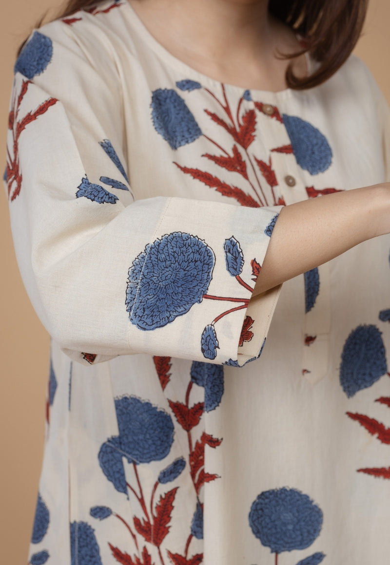 Alizah White Ajrakh Cotton Jhabba Kali Co-Ord Set