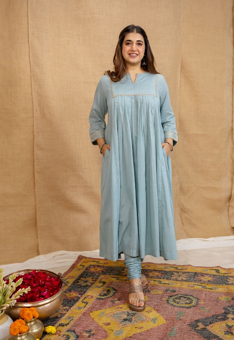 Iriya Mulmul Cotton Alice Blue Kurta Set (Set of 3)