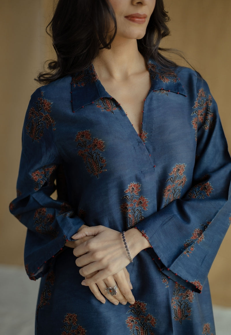 Zafreen Dark Indigo Ajrakh Chanderi Silk A Line Kurta with Hand Embroidery