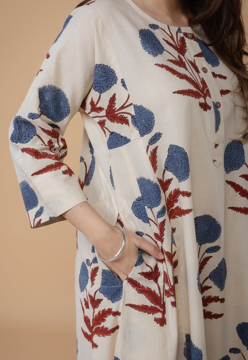 Alizah White Ajrakh Cotton Jhabba Kali Co-Ord Set