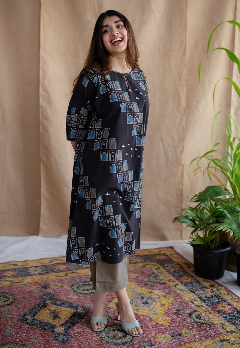 Jaipur Jharoka Charcoal Ajrakh Cotton A Line Kurta with Hand Embroidery