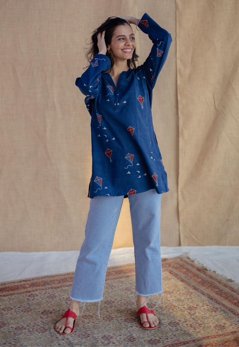 Huda Indigo Ajrakh Cotton Loose Short Top