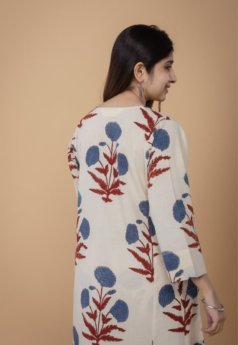 Alizah White Ajrakh Cotton Jhabba Kali Co-Ord Set