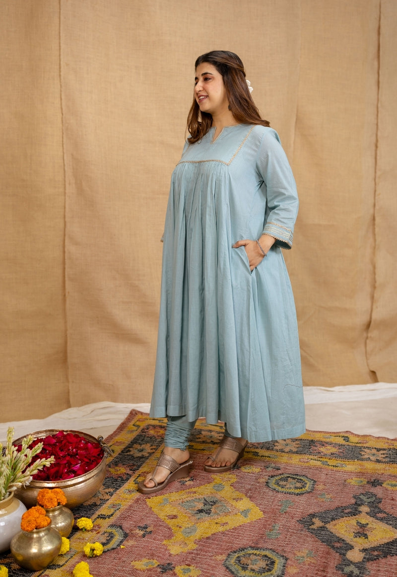 Iriya Mulmul Cotton Alice Blue Kurta Set (Set of 3)