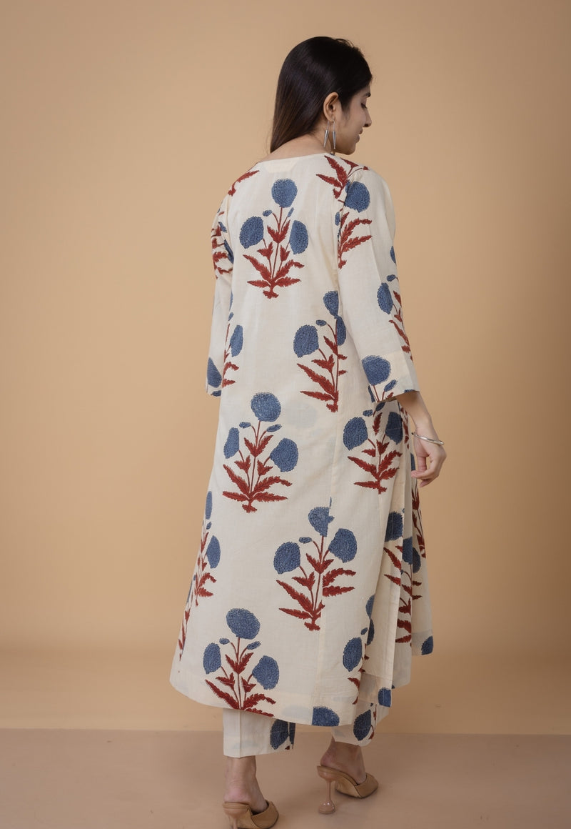 Alizah White Ajrakh Cotton Jhabba Kali Co-Ord Set