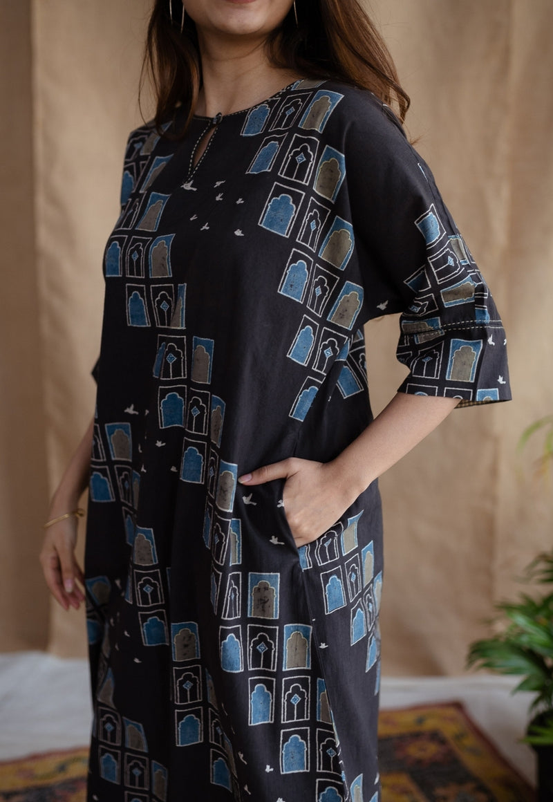 Jaipur Jharoka Charcoal Ajrakh Cotton A Line Kurta with Hand Embroidery