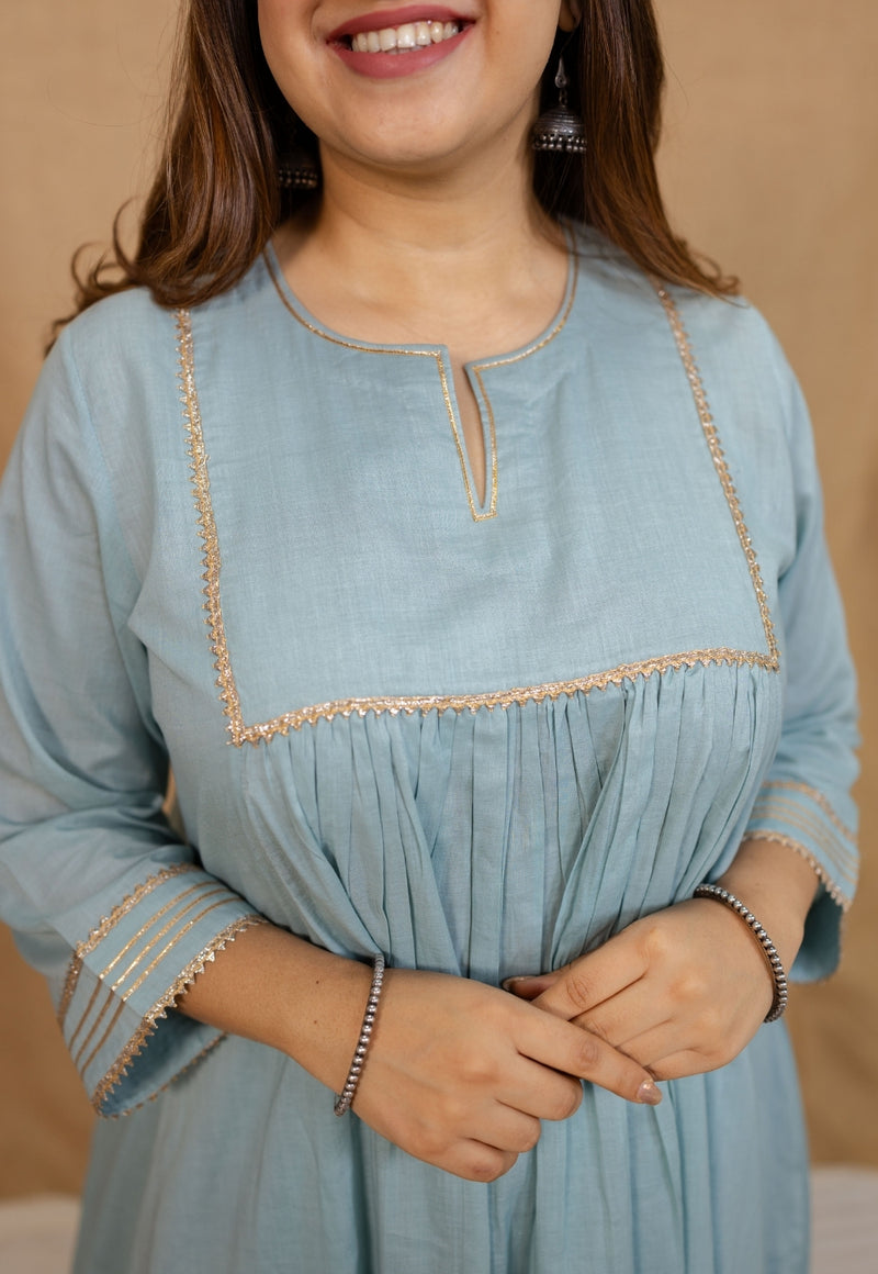 Iriya Mulmul Cotton Alice Blue Kurta Set (Set of 3)