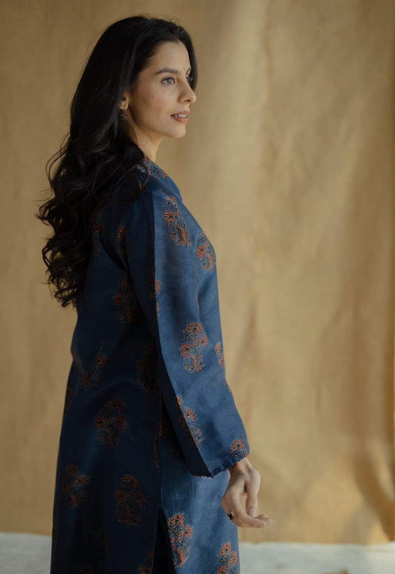 Zafreen Dark Indigo Ajrakh Chanderi Silk A Line Kurta with Hand Embroidery