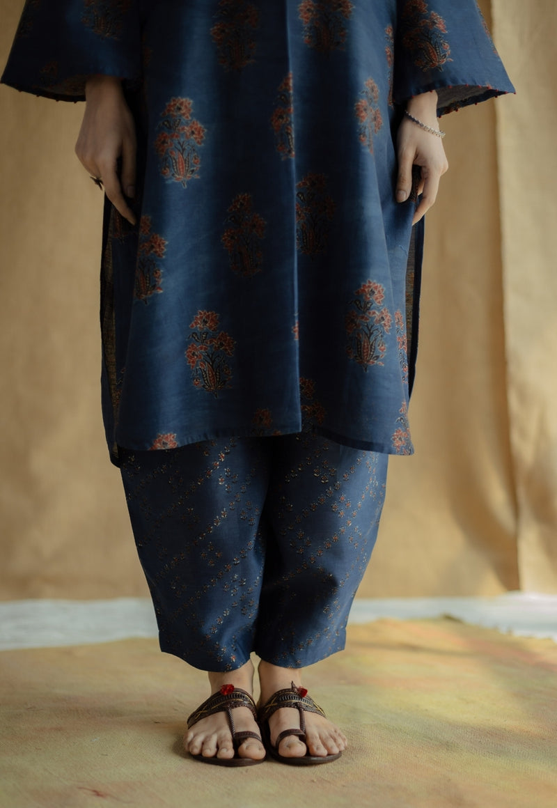 Zafreen Dark Indigo Ajrakh Chanderi Silk A Line Kurta with Hand Embroidery