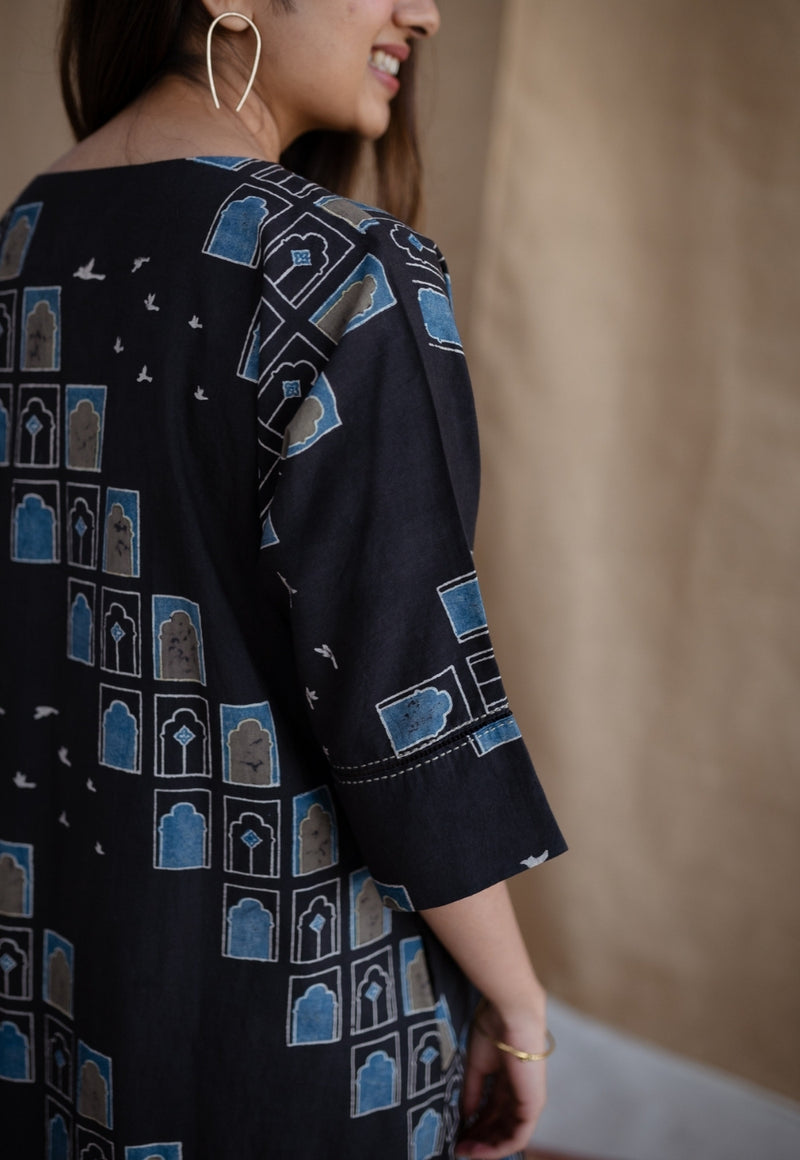 Jaipur Jharoka Charcoal Ajrakh Cotton A Line Kurta with Hand Embroidery