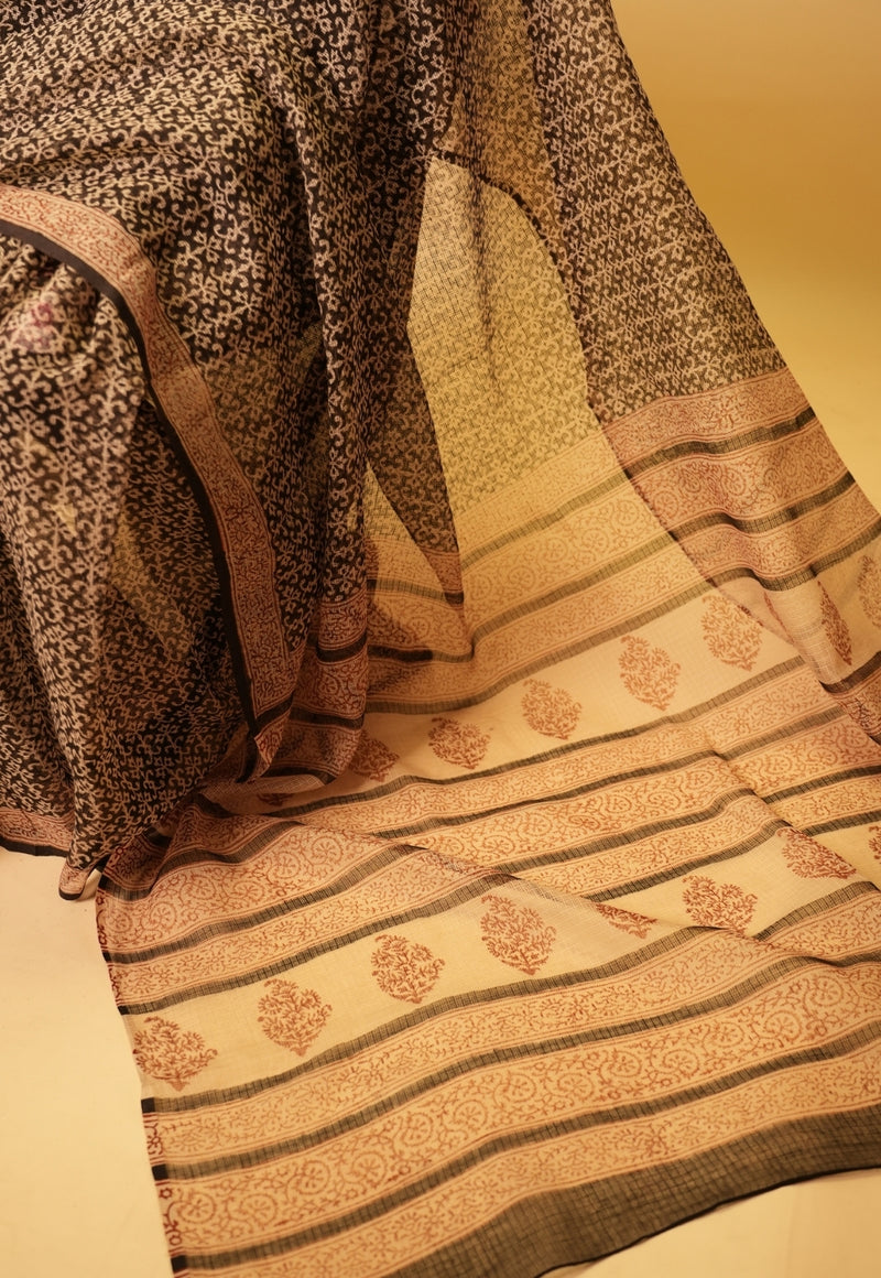 Black Butti Bagru Hand Block Print  Kota Doria Saree