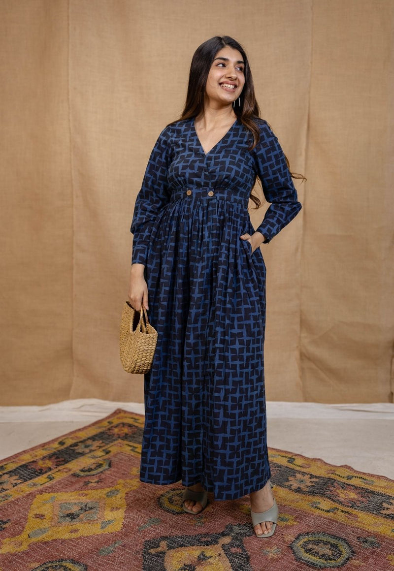 Kimaya Indigo Ajrakh Cotton A Line Dress