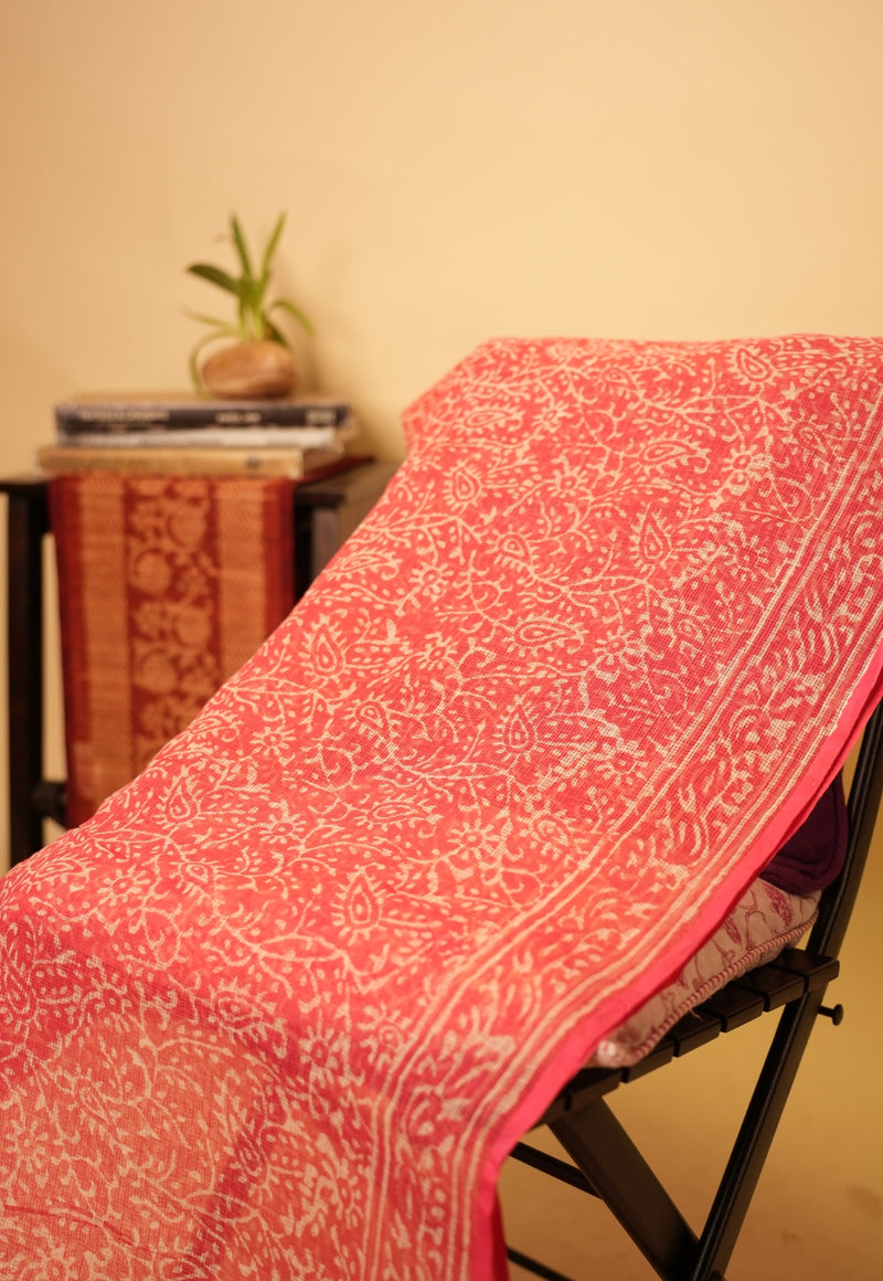 Pink Floral Jaal Dabu Hand Block Print Kota Doria Saree