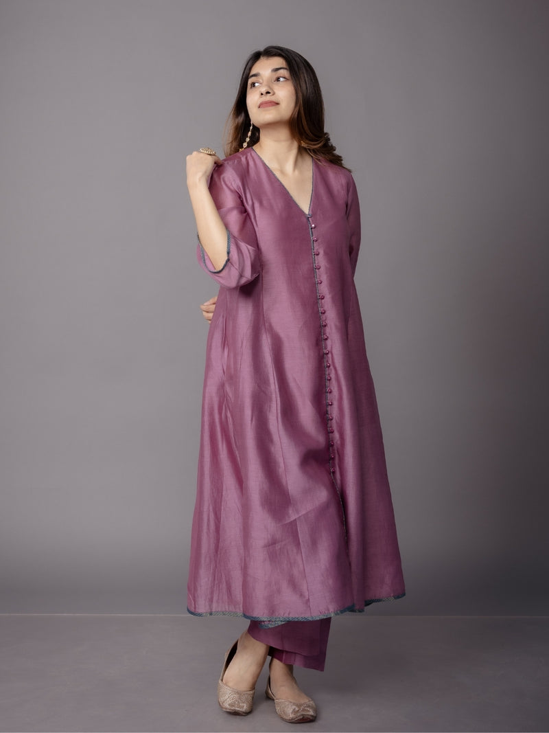 Deepa Purple Solid Chanderi Silk Kali Kurta with Hand Embroidery