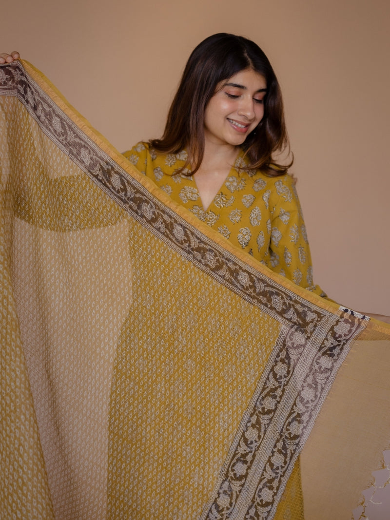Yellow Butti Bagru Kota Doria Cotton Dupatta