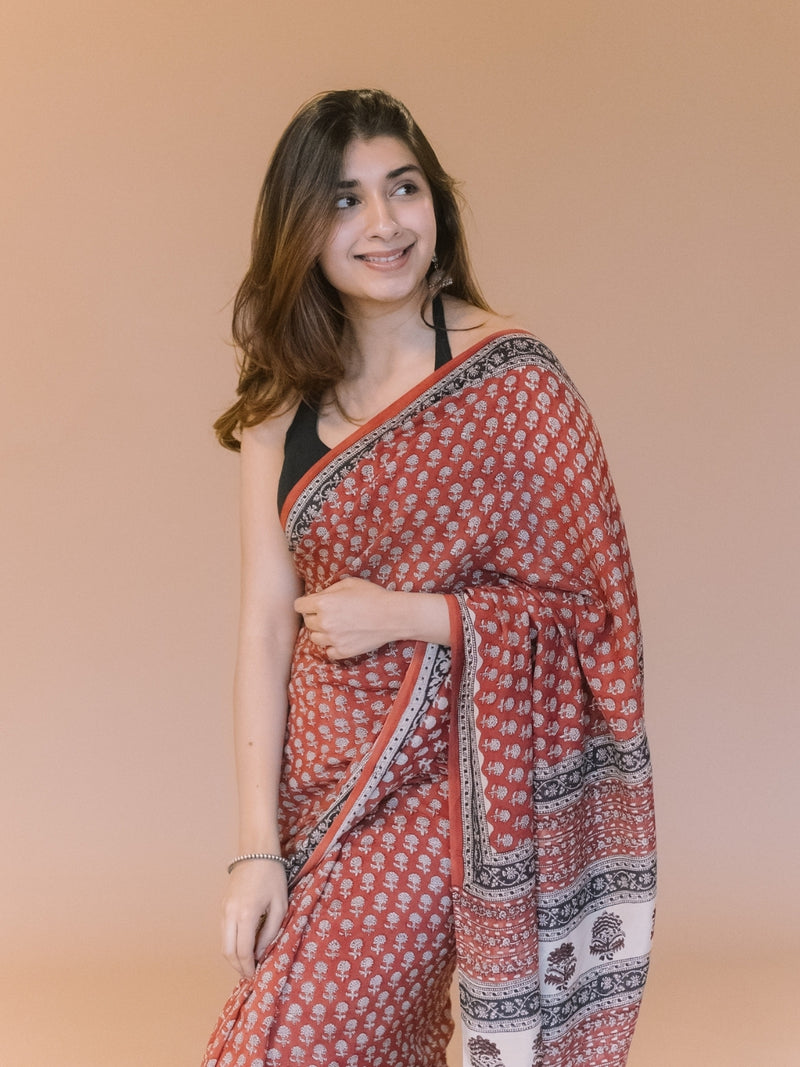 Red Butti Bagru Hand Block Print Modal Saree