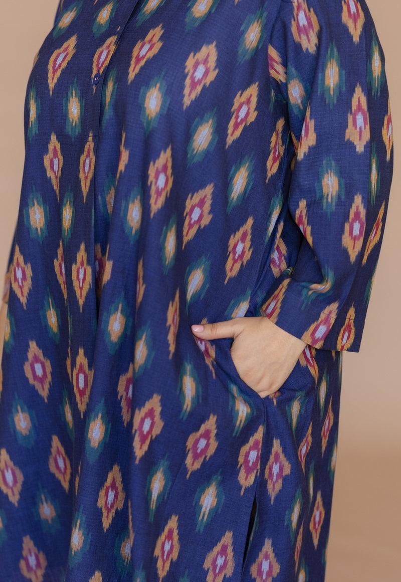 Ayaat Blue Handloom Ikkat Cotton Straight Kurta