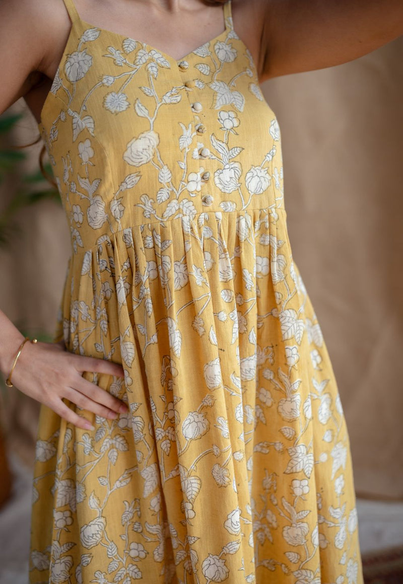 Eliya Yellow A Line Dabu Slub Cotton Dress