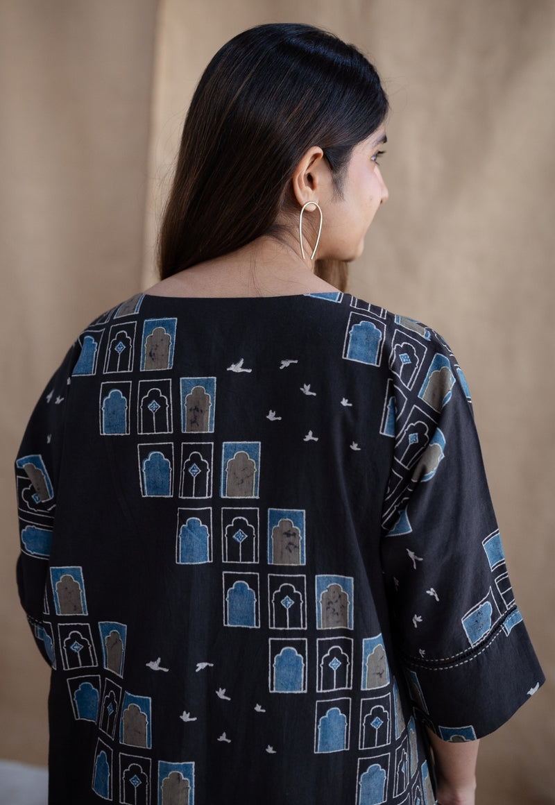 Jaipur Jharoka Charcoal Ajrakh Cotton A Line Kurta with Hand Embroidery