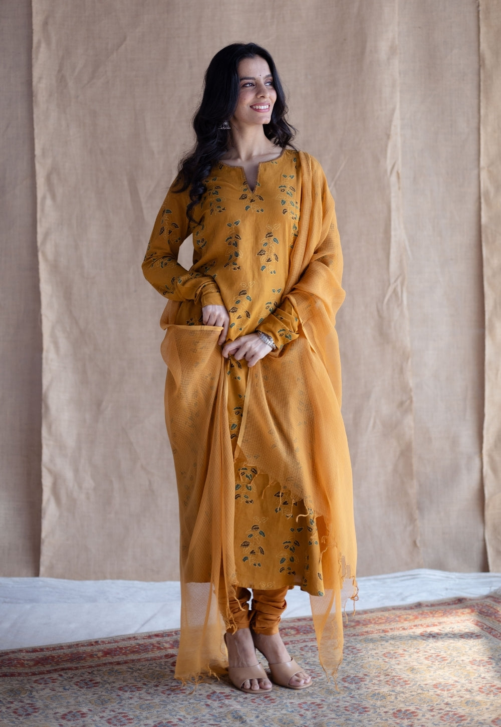 Paheli Mustard Front-Yoke Cotton Kurta With Pakka Hand Embroidery