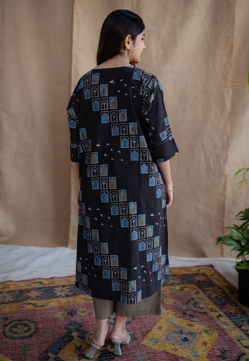 Jaipur Jharoka Charcoal Ajrakh Cotton A Line Kurta with Hand Embroidery