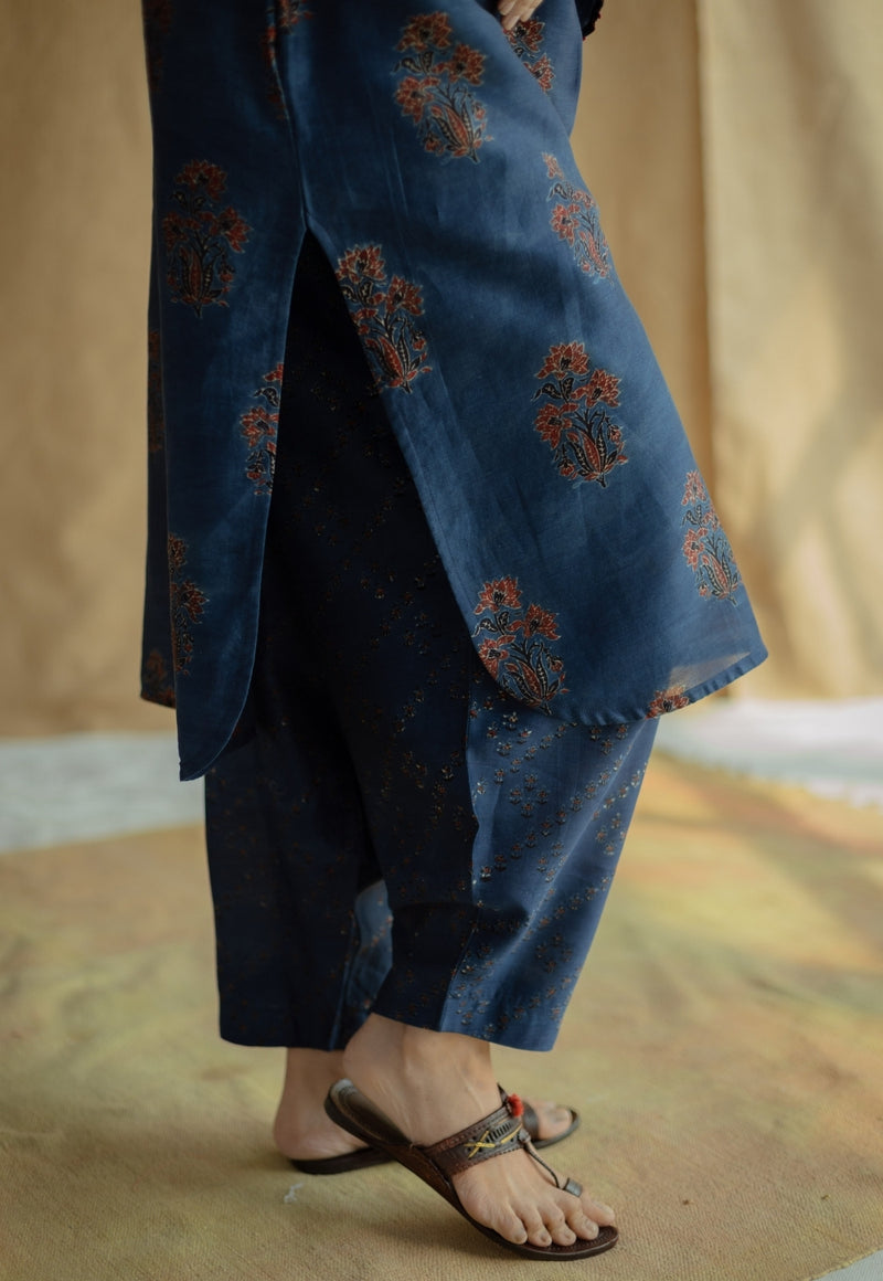 Zafreen Dark Indigo Ajrakh Chanderi Silk A Line Kurta with Hand Embroidery