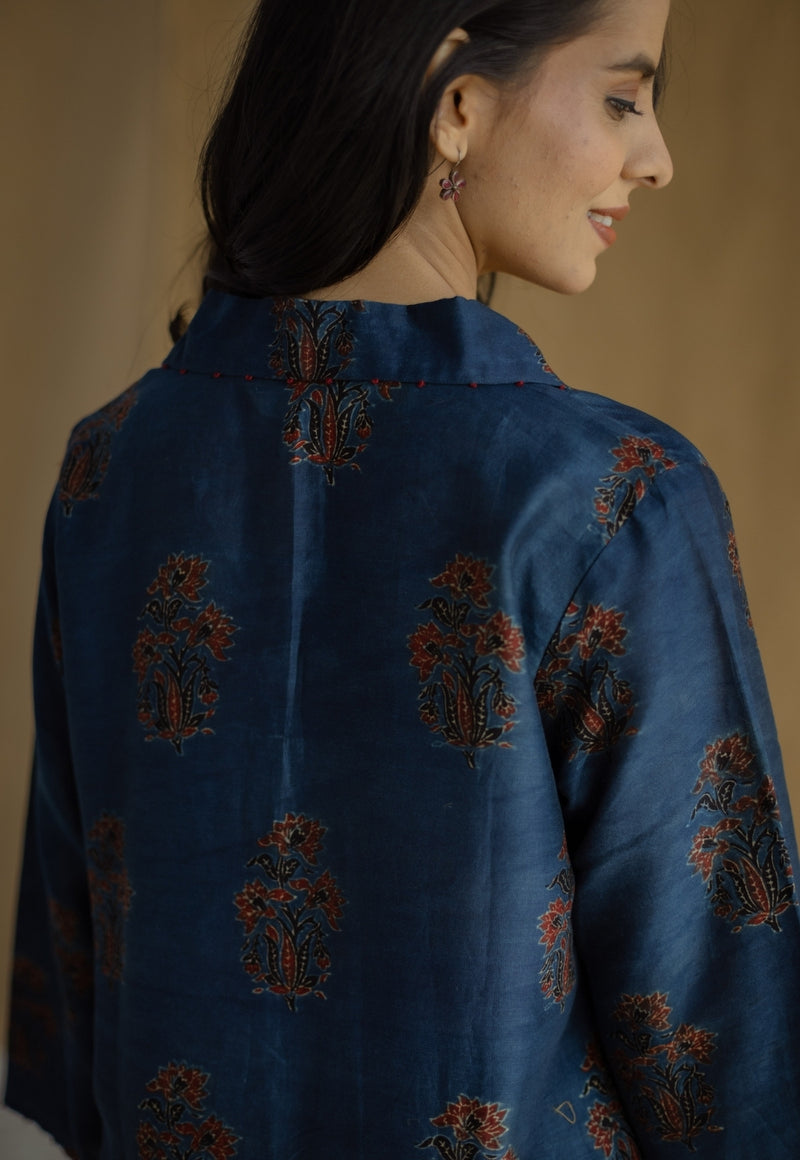 Zafreen Dark Indigo Ajrakh Chanderi Silk A Line Kurta with Hand Embroidery