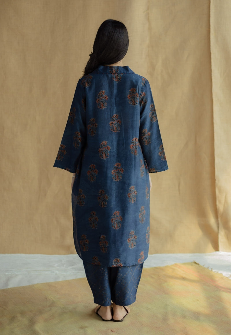 Zafreen Dark Indigo Ajrakh Chanderi Silk A Line Kurta with Hand Embroidery