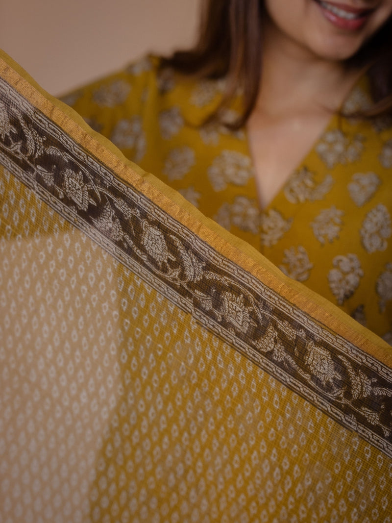 Yellow Butti Bagru Kota Doria Cotton Dupatta