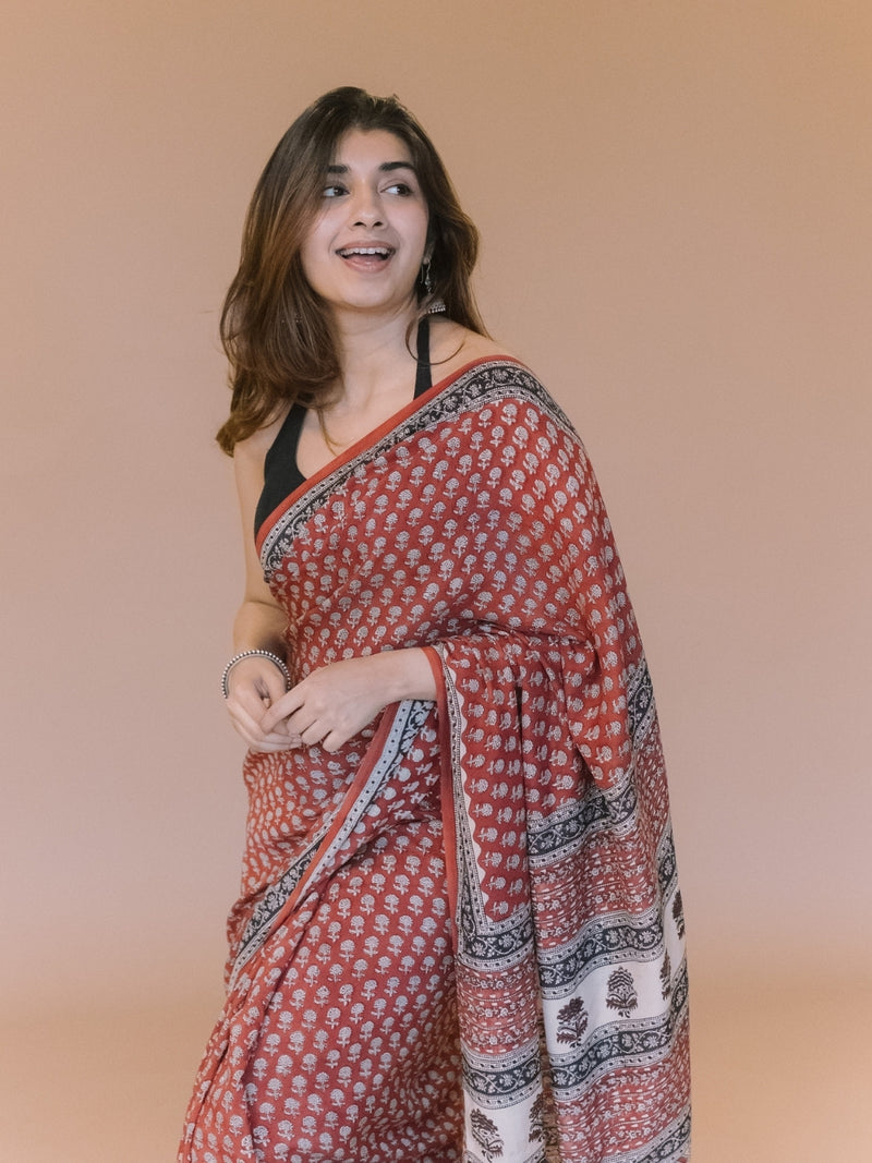 Red Butti Bagru Hand Block Print Modal Saree