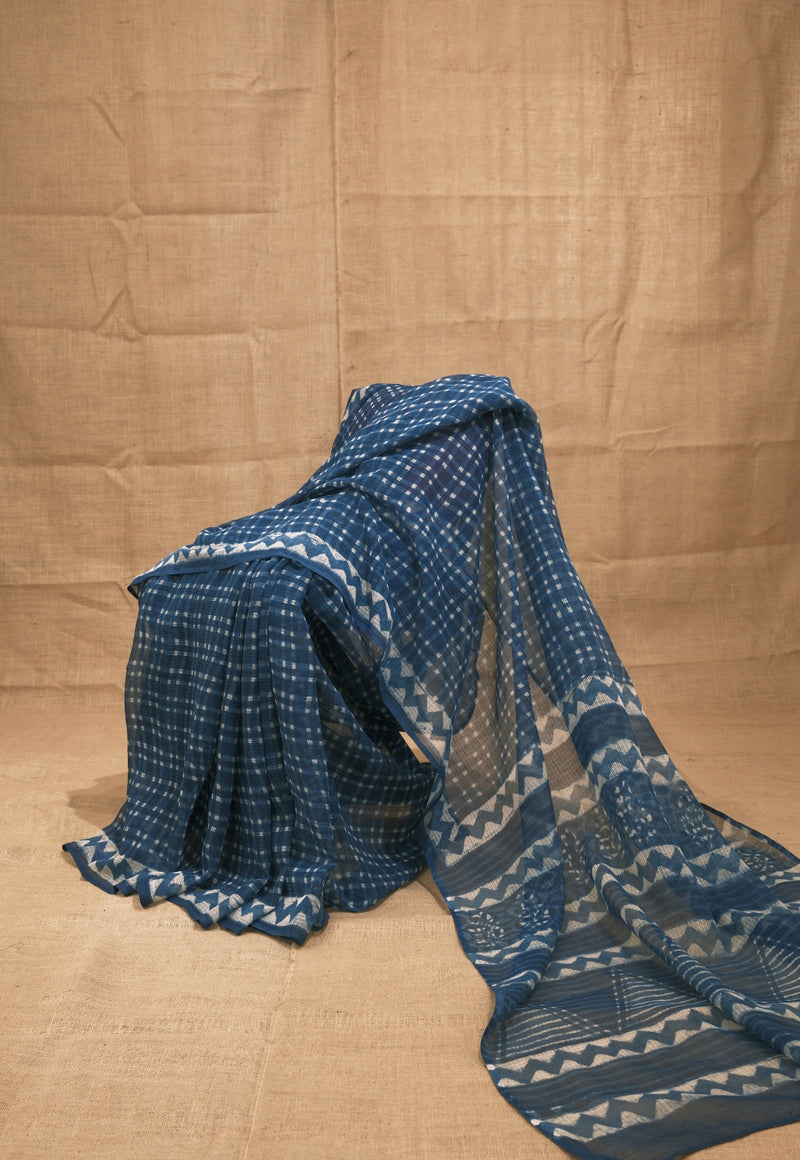 Blue Checks Dabu Hand Block Print Kota Doria Saree
