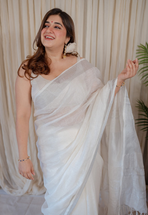 White Linen Silver Zari Border Saree