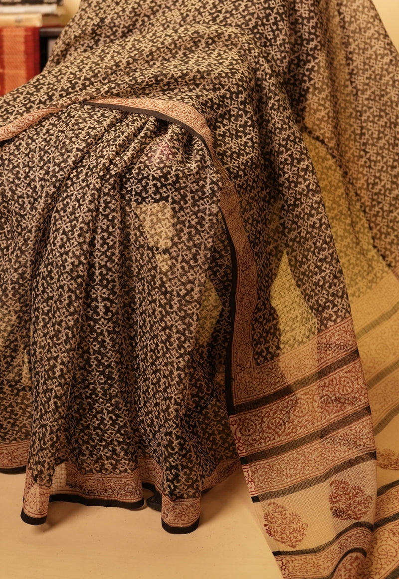 Black Butti Bagru Hand Block Print  Kota Doria Saree